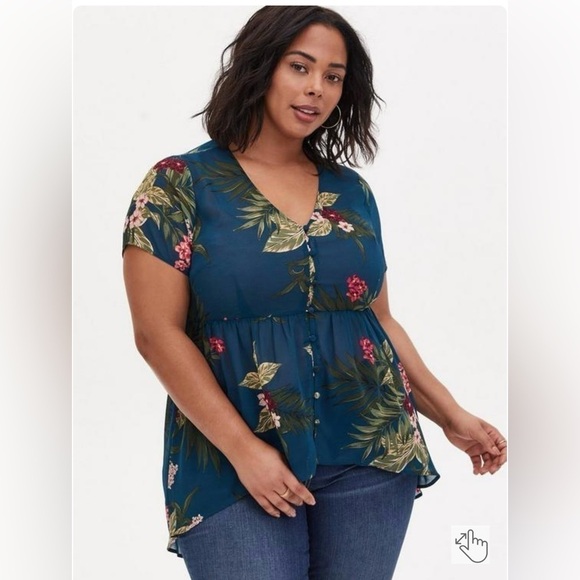 TORRID Babydoll Chiffon Button-Front Floral Teal Tunic Top - Picture 1 of 13